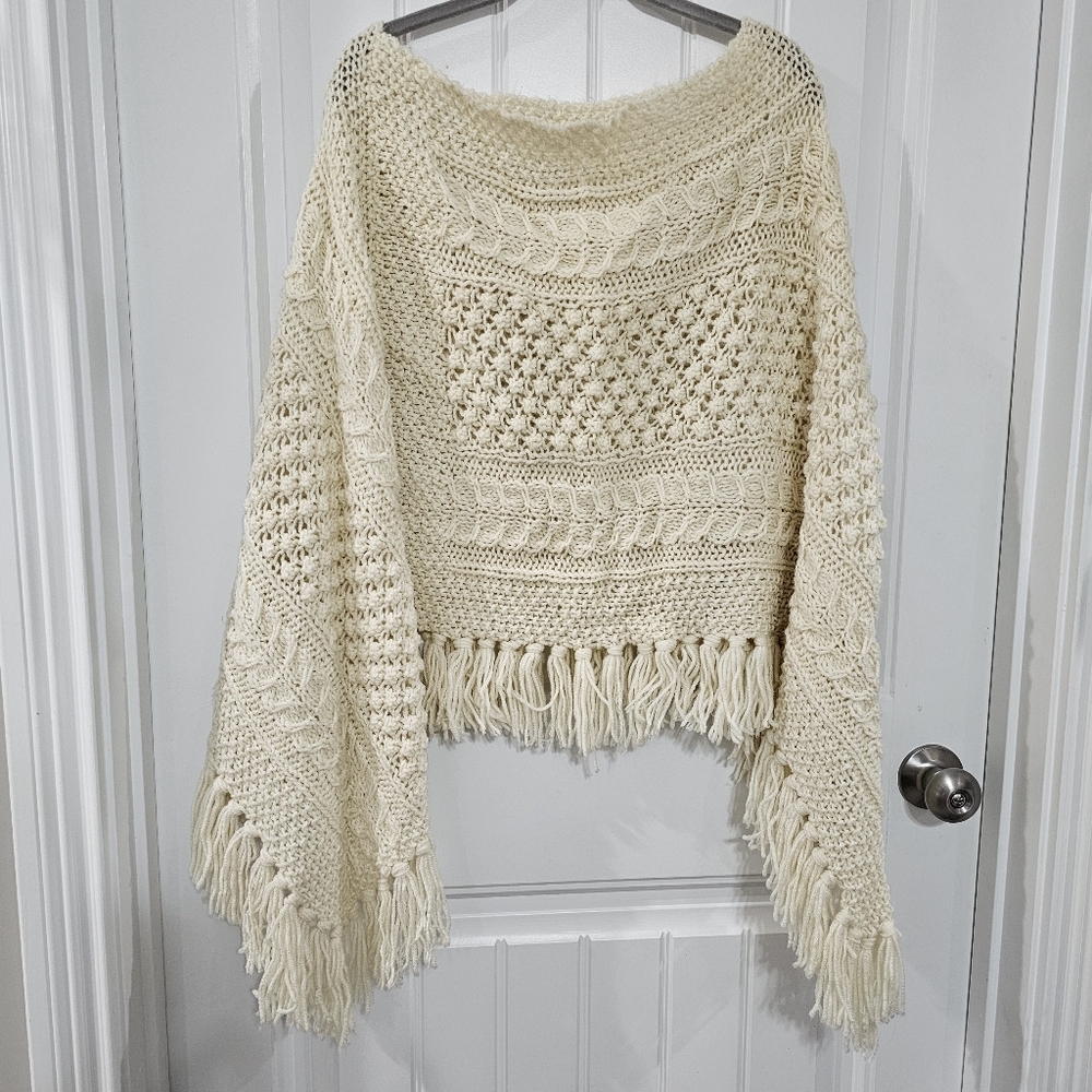 Cream Knit Poncho with Fringe